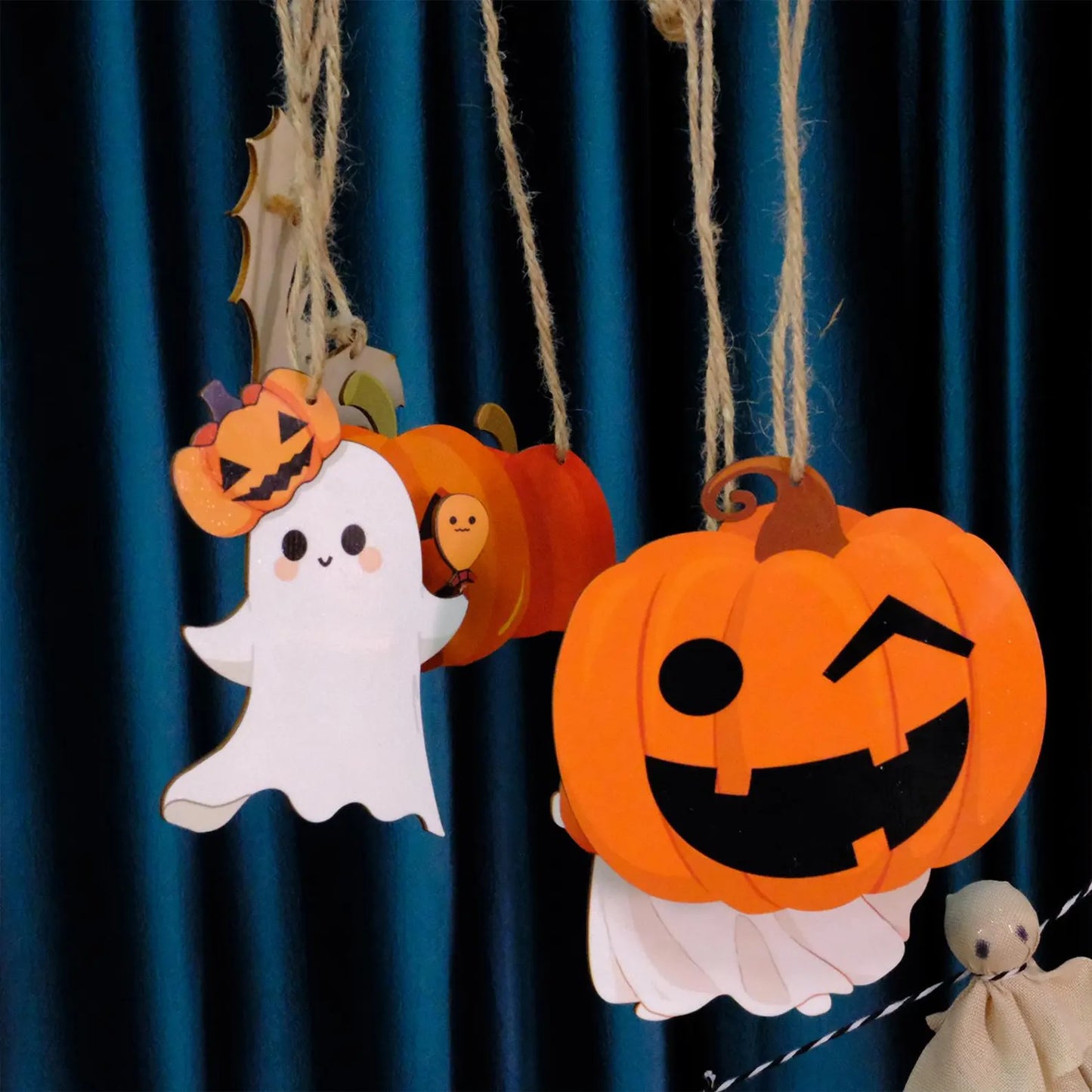 Set of 5 Wooden Halloween Ornaments – Pumpkin, Ghost, Bat, Gnome, Jack-o’-Lantern Hanging Decor