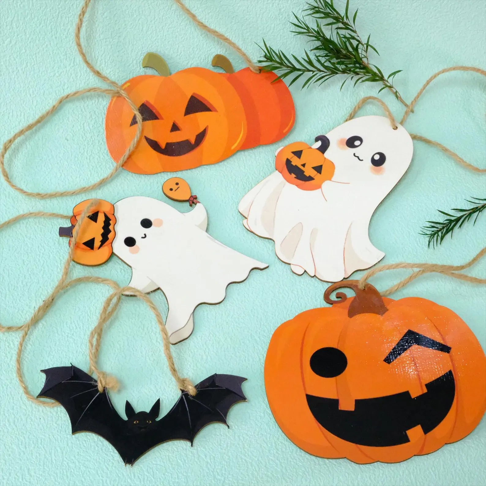 Set of 5 Wooden Halloween Ornaments – Pumpkin, Ghost, Bat, Gnome, Jack-o’-Lantern Hanging Decor