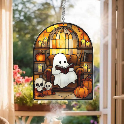 Cute Ghost Monstera Acrylic Suncatcher,Halloween Ghost Suncatcher,Cozy Nook Decor and Bookish Gift for Book Lovers,Halloween