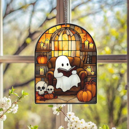 Cute Ghost Monstera Acrylic Suncatcher,Halloween Ghost Suncatcher,Cozy Nook Decor and Bookish Gift for Book Lovers,Halloween