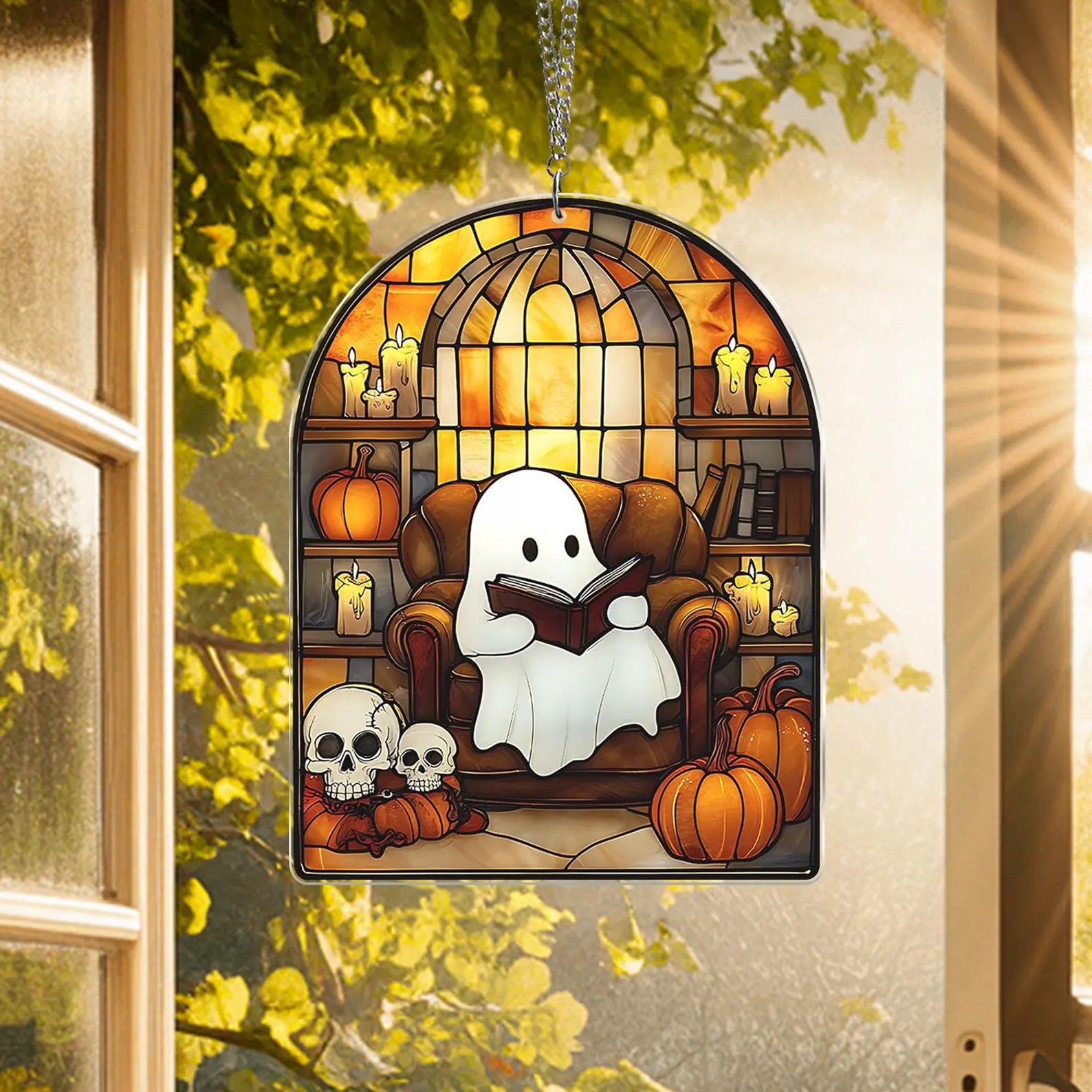 Cute Ghost Monstera Acrylic Suncatcher,Halloween Ghost Suncatcher,Cozy Nook Decor and Bookish Gift for Book Lovers,Halloween