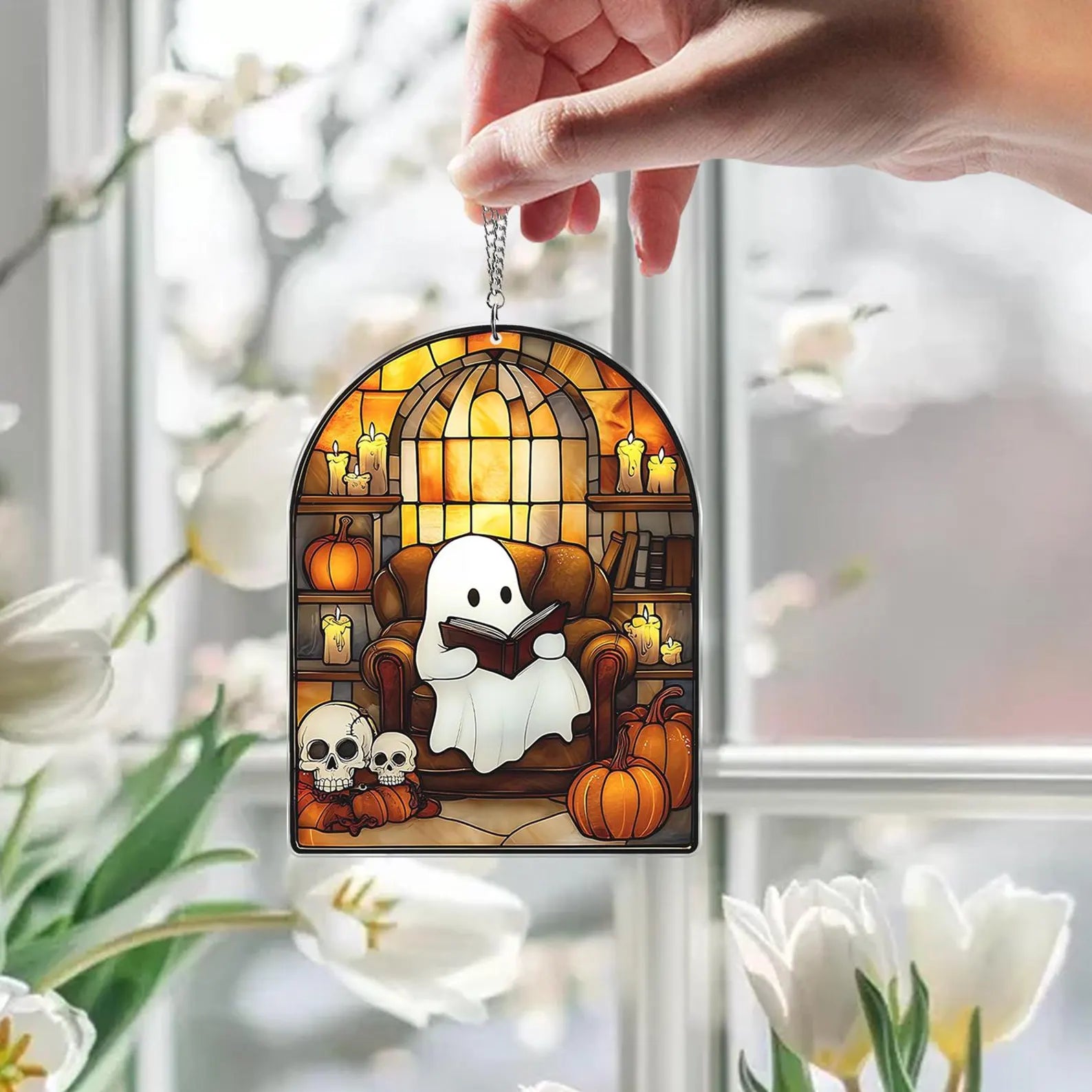 Cute Ghost Monstera Acrylic Suncatcher,Halloween Ghost Suncatcher,Cozy Nook Decor and Bookish Gift for Book Lovers,Halloween